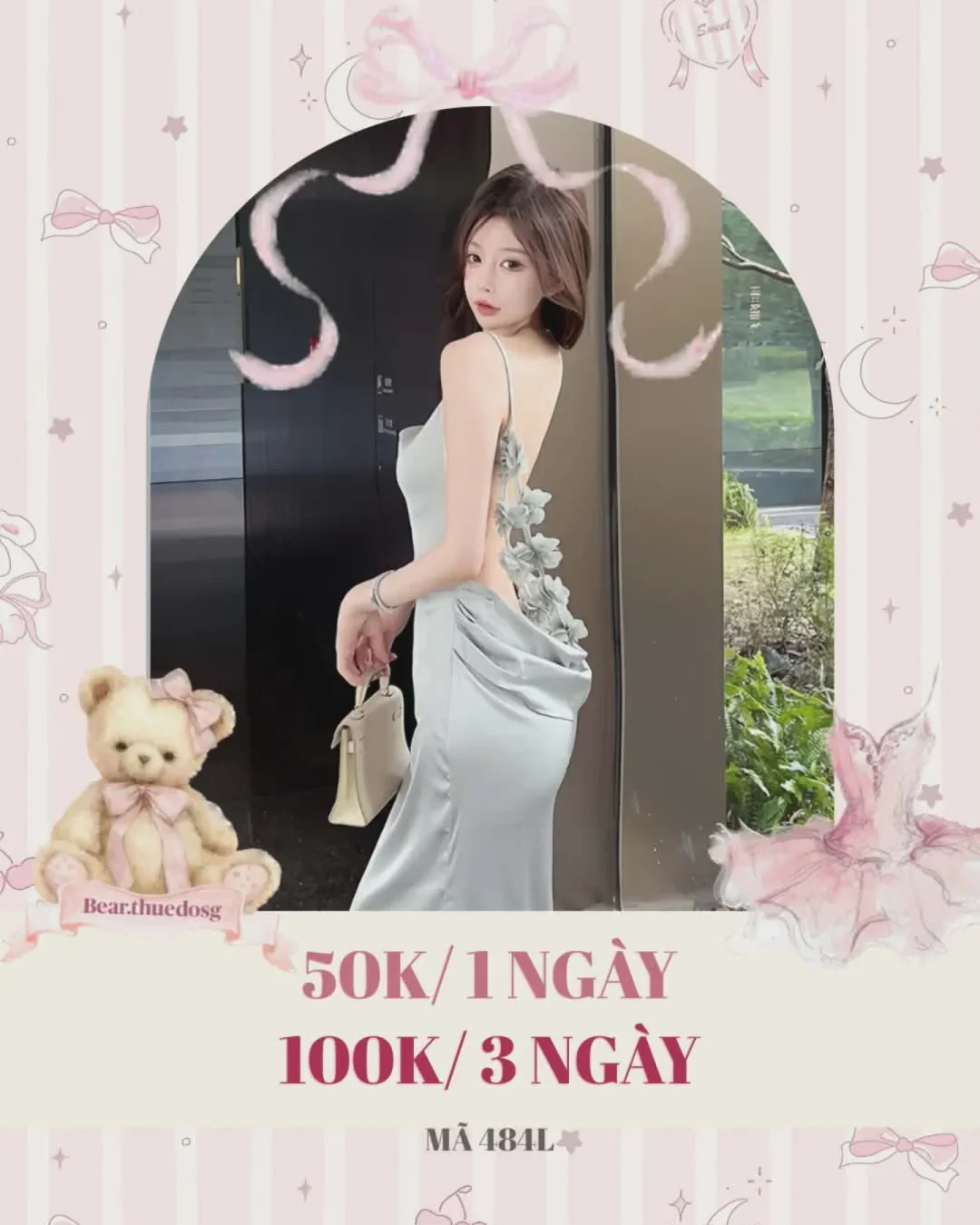 Ảnh 1 của Váy satin hở lưng xanh nhạt nữ
