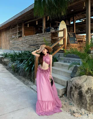 Ảnh 3 của Set váy hai mảnh hồng boho maxi nữ