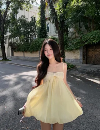 Ảnh 2 của Đầm babydoll vàng ngắn size S nữ