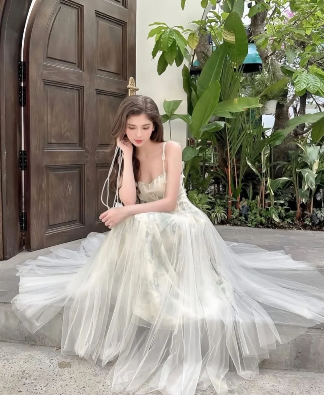 Photo 2 of Váy maxi voan hai dây trắng kem vintage