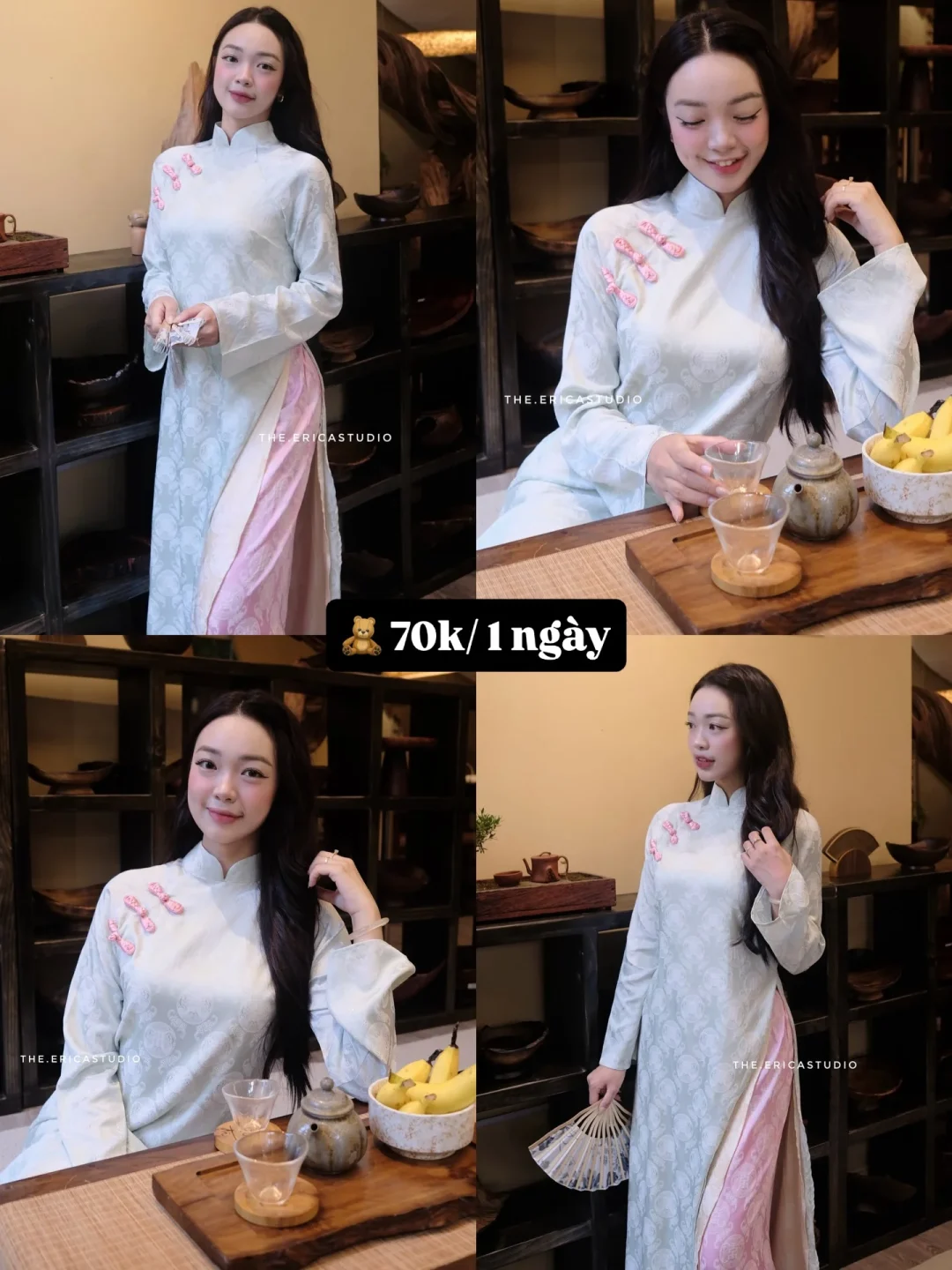 Photo 1 of Áo dài nữ họa tiết gấu trắng kem size M