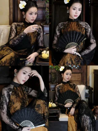 Photo 1 of Áo dài ren đen truyền thống nữ size M