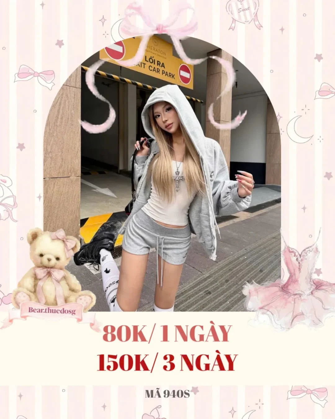 Photo 1 of Set hoodie xám quần short nữ streetwear