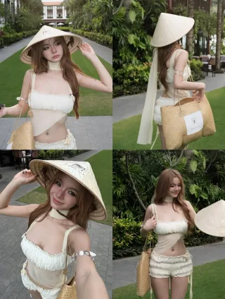 Ảnh 4 của Set đồ nữ hai dây bèo nhún kem freesize