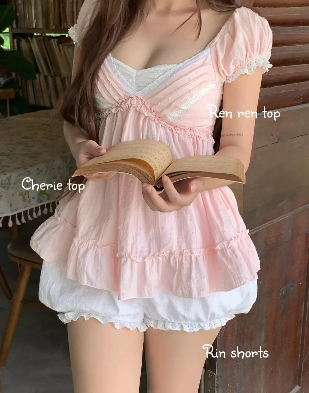 Photo 3 of Áo babydoll hồng pastel nhún bèo size S
