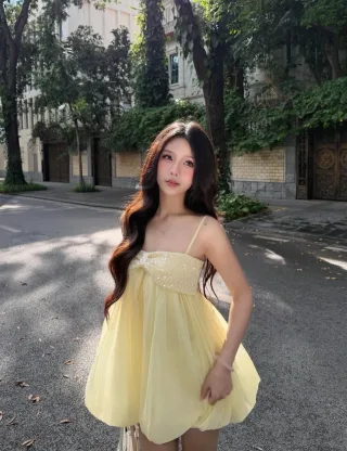 Ảnh 1 của Đầm babydoll vàng ngắn size S nữ