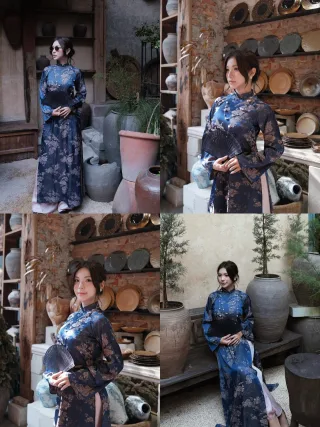 Photo 1 of Áo dài truyền thống nữ lụa xanh dương size M