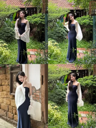 Ảnh 1 của Đầm maxi xanh navy strapless kèm khăn