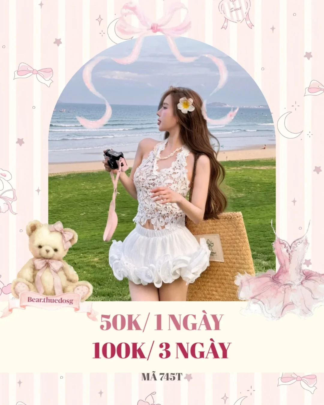Photo 1 of Set áo ren crop top váy bèo trắng nữ