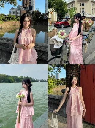 Ảnh 1 của Áo dài ren hồng nhạt nữ size M