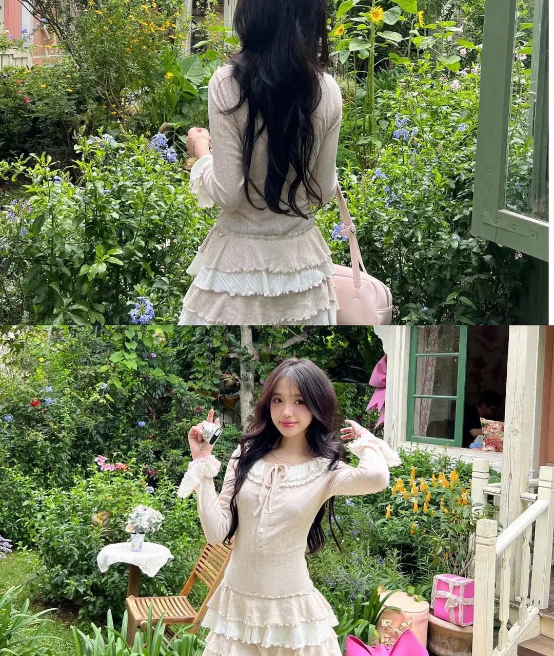 Photo 2 of Set áo váy bèo nhún tay dài màu kem