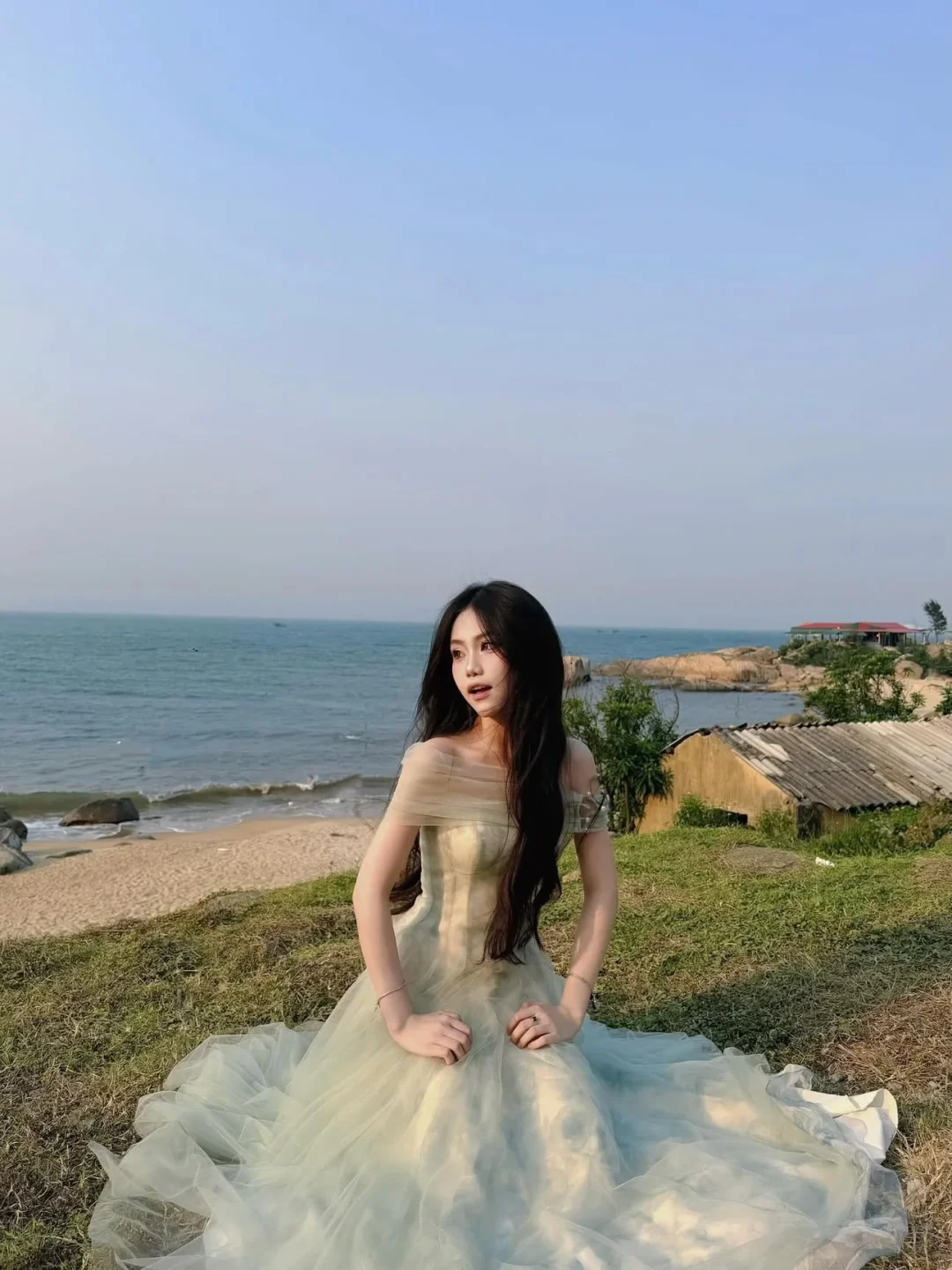 Ảnh 1 của Váy Dasha xanh mint vai trễ tulle xòe