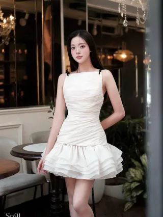 Photo 3 of Đầm trắng mini xếp ly nữ