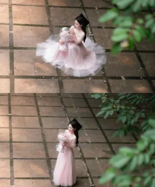 Photo 3 of Váy tulle hồng pastel trễ vai nữ