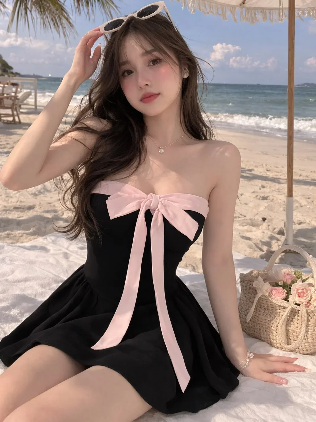 Photo 1 of Đầm mini đen nơ hồng quây ngực size M