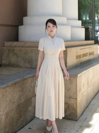 Photo 3 of Váy midi kem nơ cổ Elysnie size S