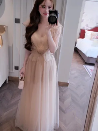 Photo 4 of Váy tiệc voan nude dài size M