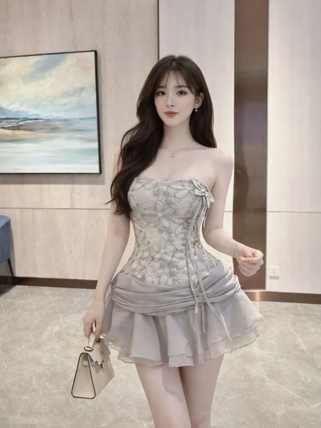 Ảnh 1 của Đầm corset xám nhạt thêu hoa size M
