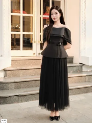 Ảnh 2 của Váy đen trễ vai peplum nữ size L