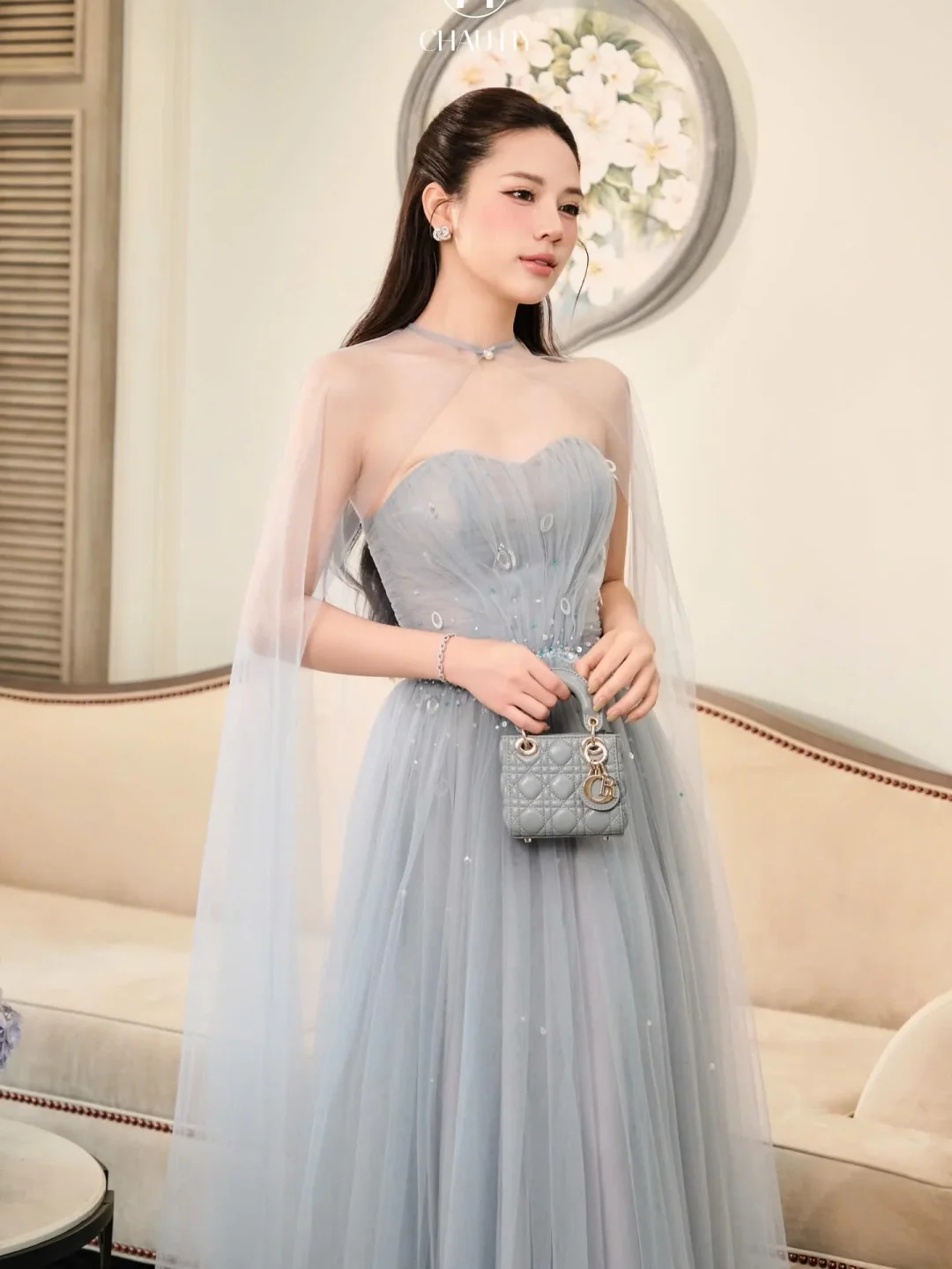 Photo 3 of Váy dạ hội voan xám đính đá A187