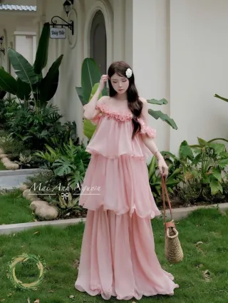 Ảnh 2 của Váy maxi hồng trễ vai voan nữ