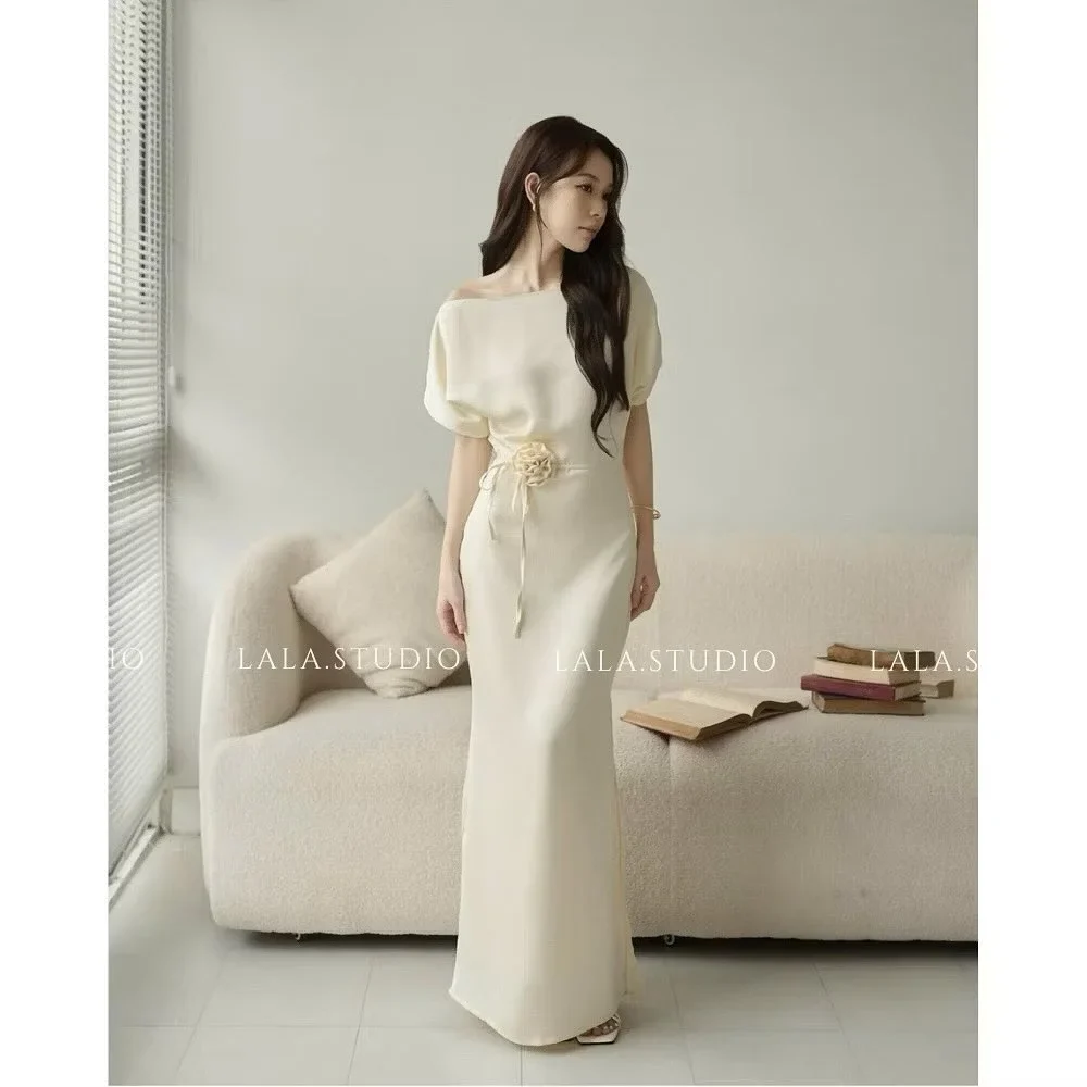 Photo 4 of Váy midi lụa kem trễ vai nữ