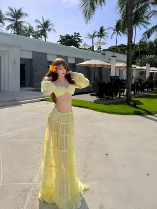 Photo 3 of Váy maxi voan vàng nhạt boho nữ