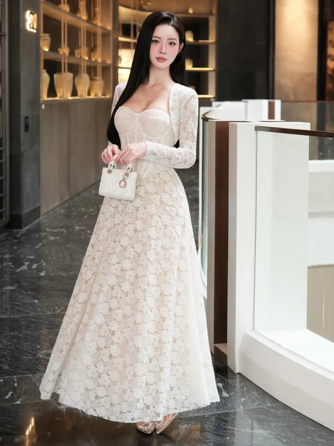 Photo 2 of Váy ren trắng corset dài nữ size M