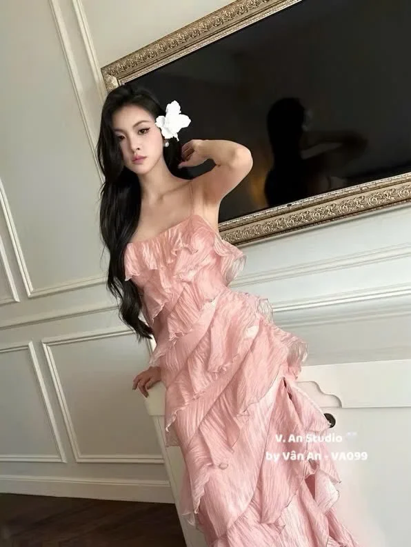 Ảnh 5 của Váy maxi hồng pastel xếp tầng size M