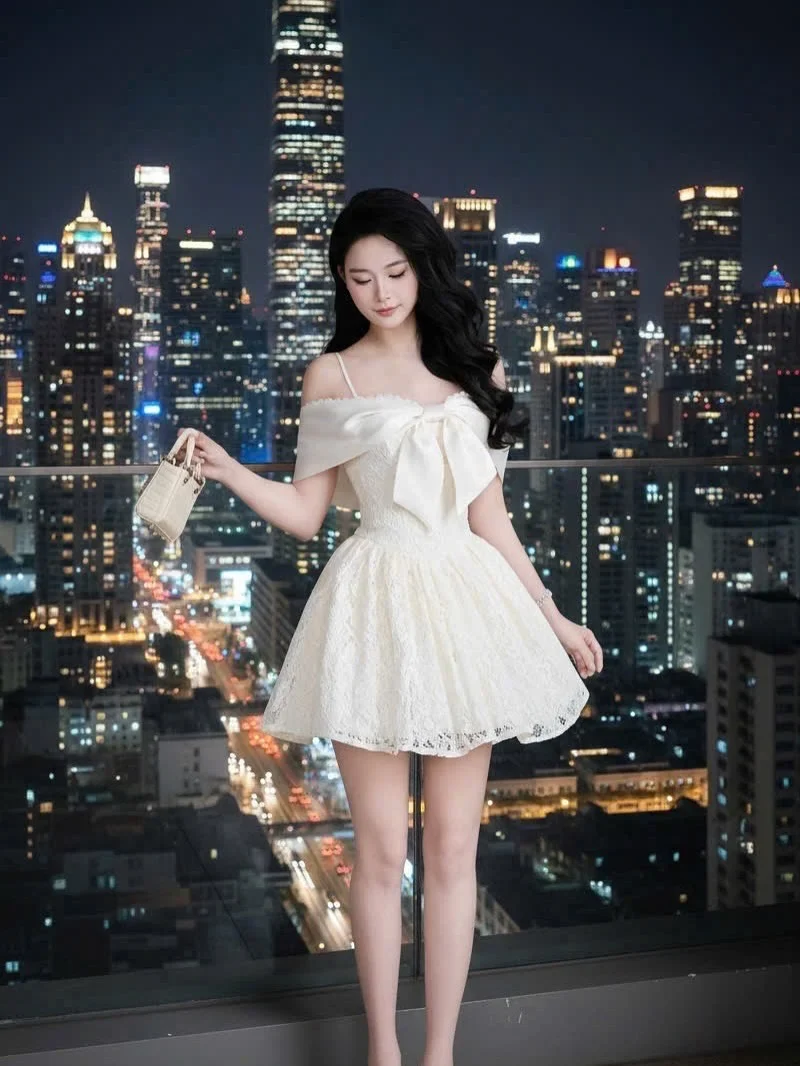 Ảnh 2 của Váy ren trắng trễ vai nơ nữ