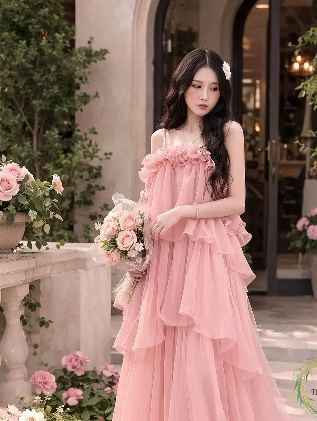 Photo 2 of Váy maxi voan hồng nhạt bèo nhún nữ