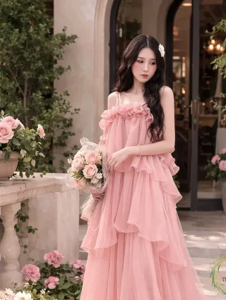 Photo 2 of Váy maxi voan hồng nhạt bèo nhún nữ