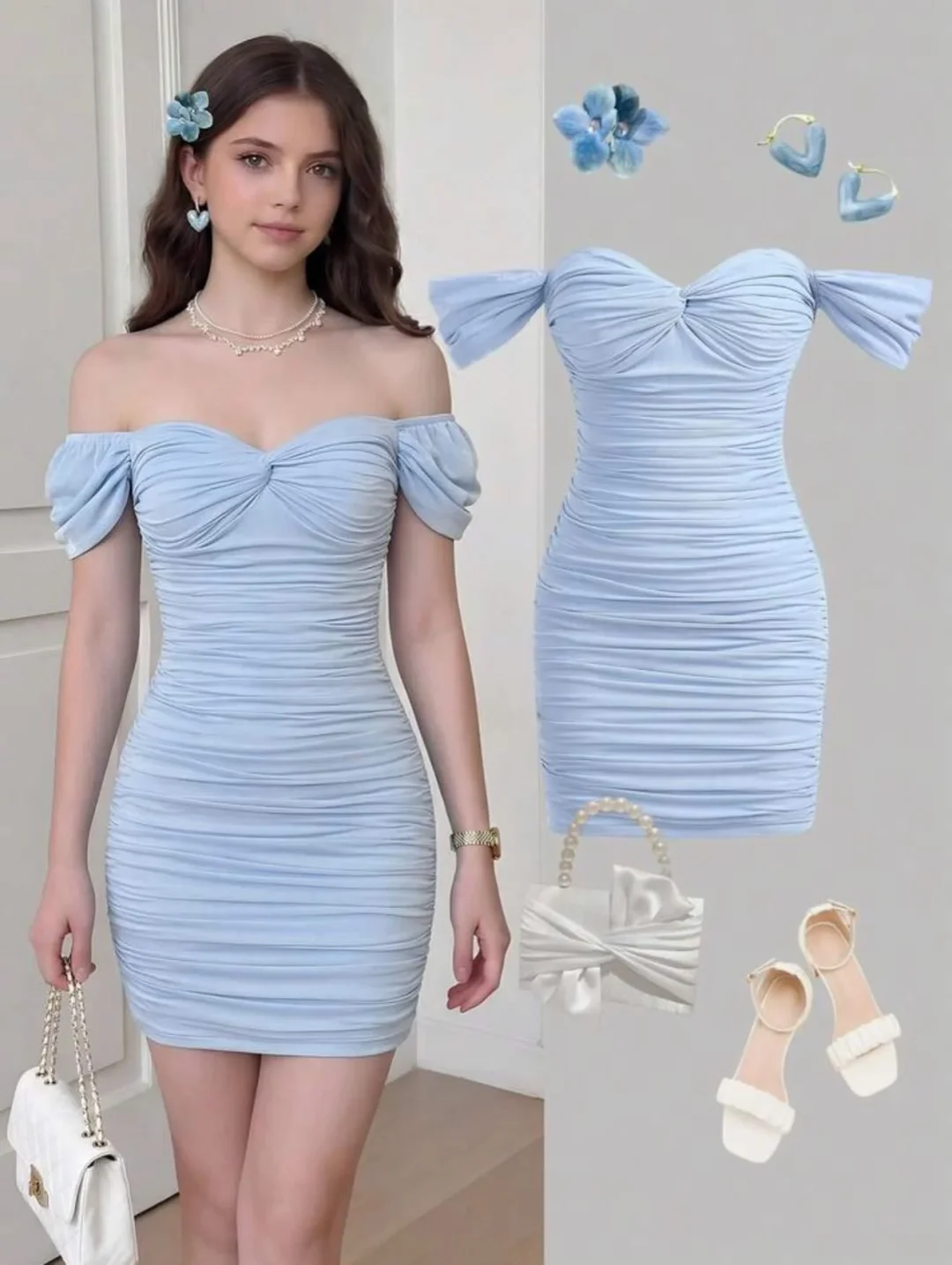 Ảnh 2 của Váy mini trễ vai nhún xanh nhạt nhung