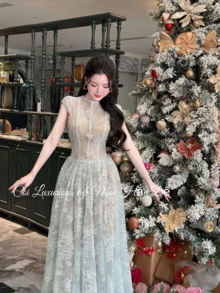 Ảnh 3 của Váy maxi ren xanh nhạt sang trọng nữ