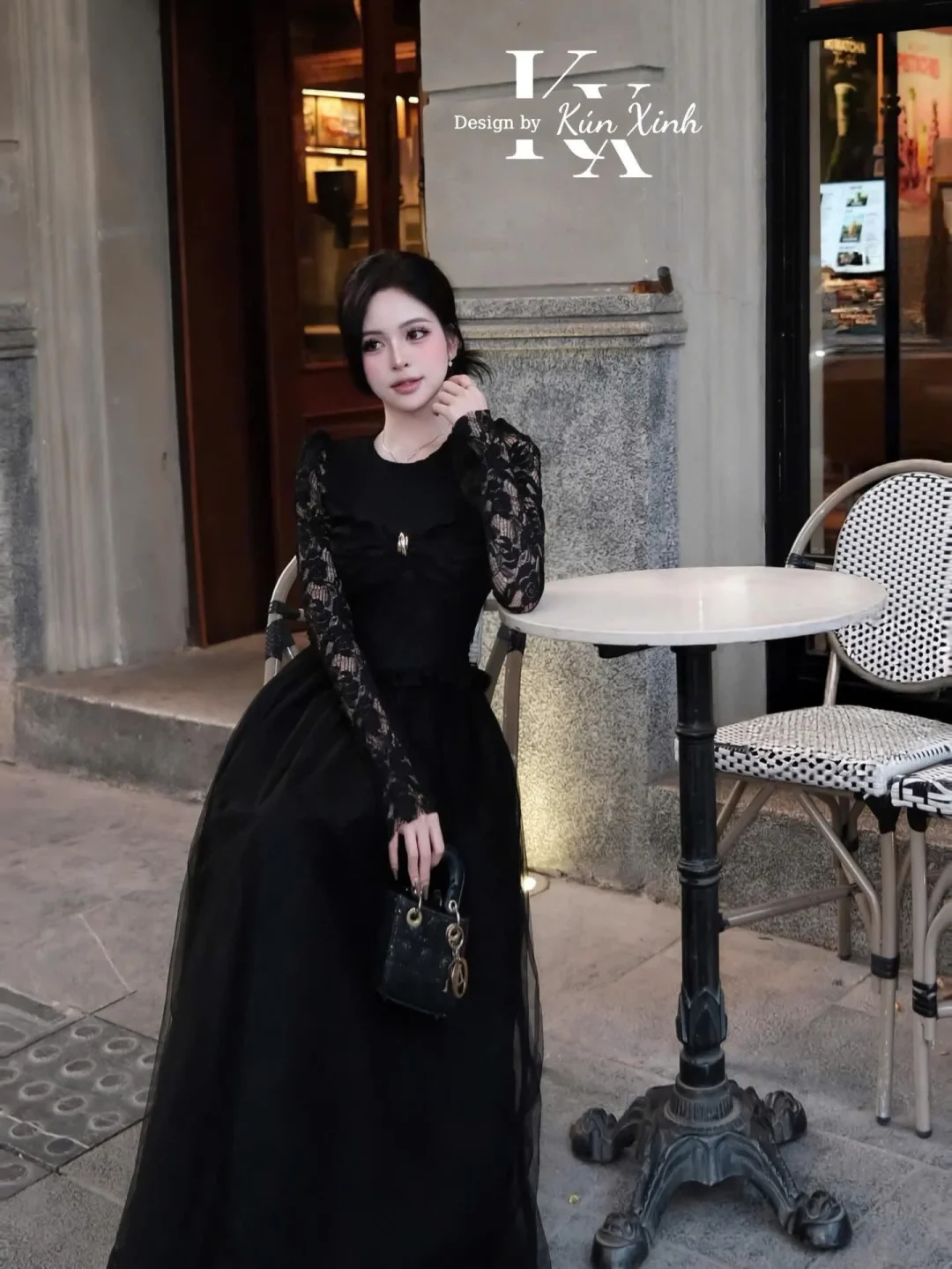 Ảnh 2 của Váy maxi đen tay ren size M