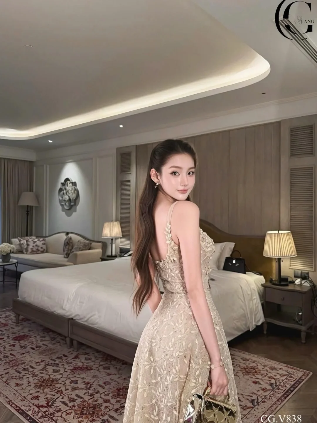 Photo 3 of Váy dạ hội ren thêu hoa màu kem