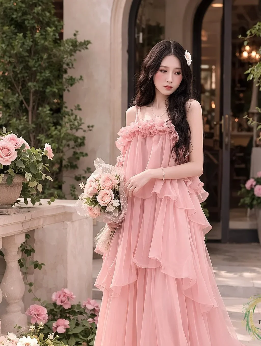 Photo 3 of Váy dự tiệc hồng bèo voan nữ