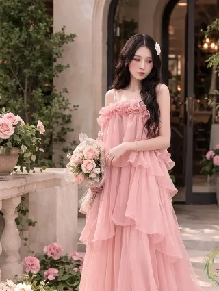Photo 3 of Váy dự tiệc hồng bèo voan nữ