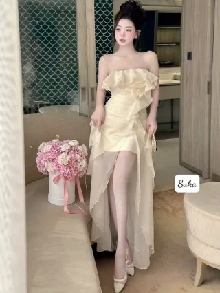 Photo 3 of Đầm cúp ngực voan nhún bèo màu kem