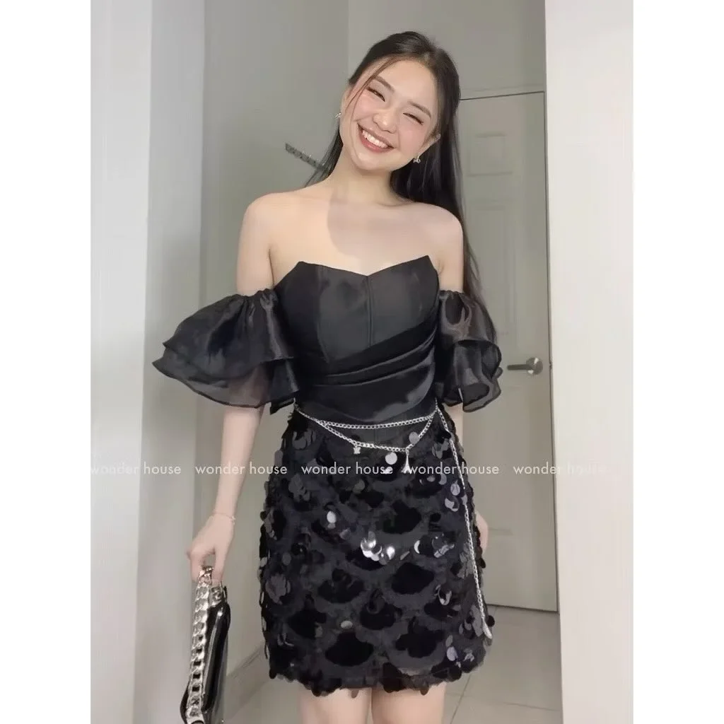 Photo 2 of Váy cúp ngực tay phồng sequin đen