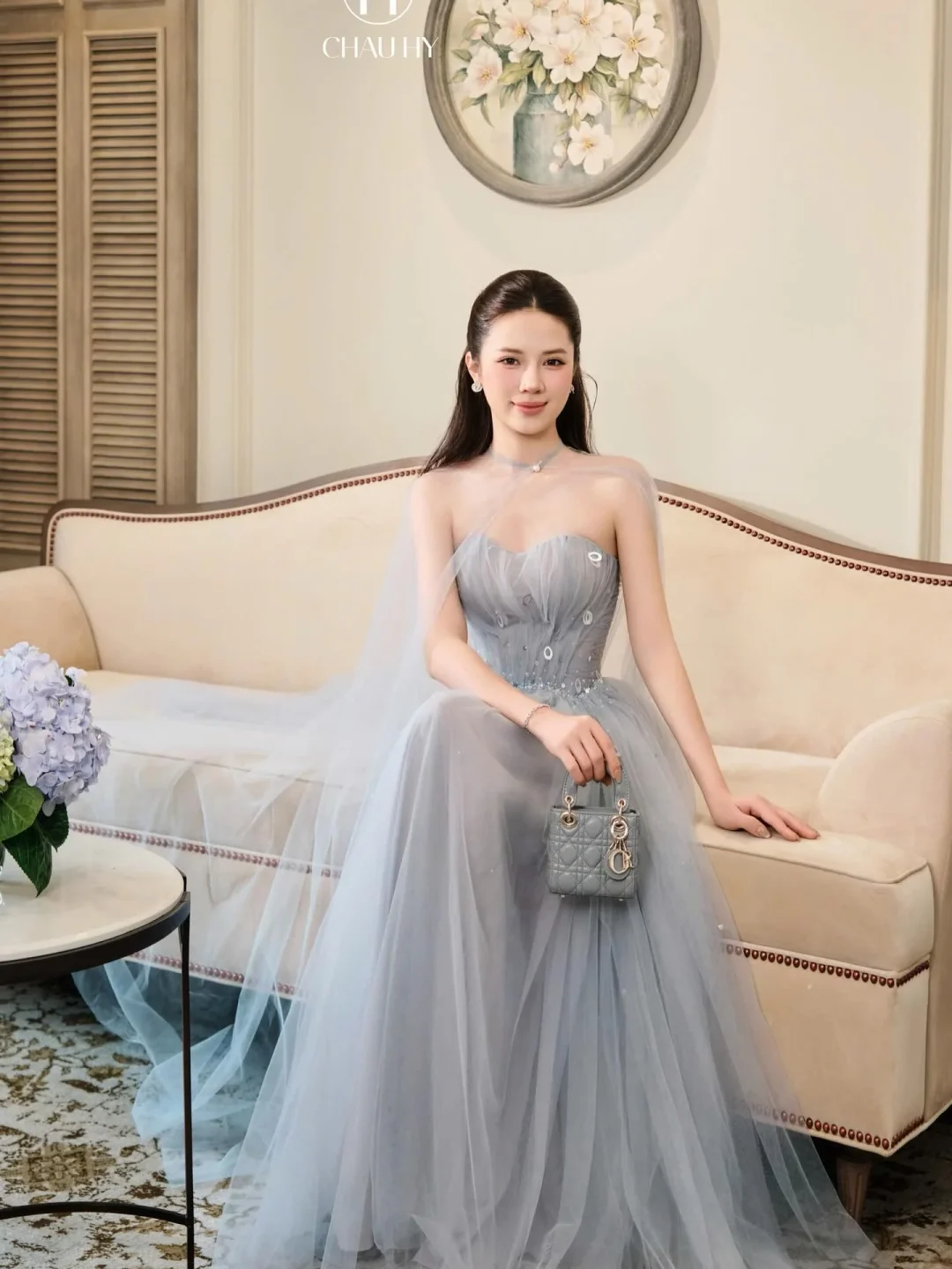 Photo 4 of Váy dạ hội voan xám đính đá A187