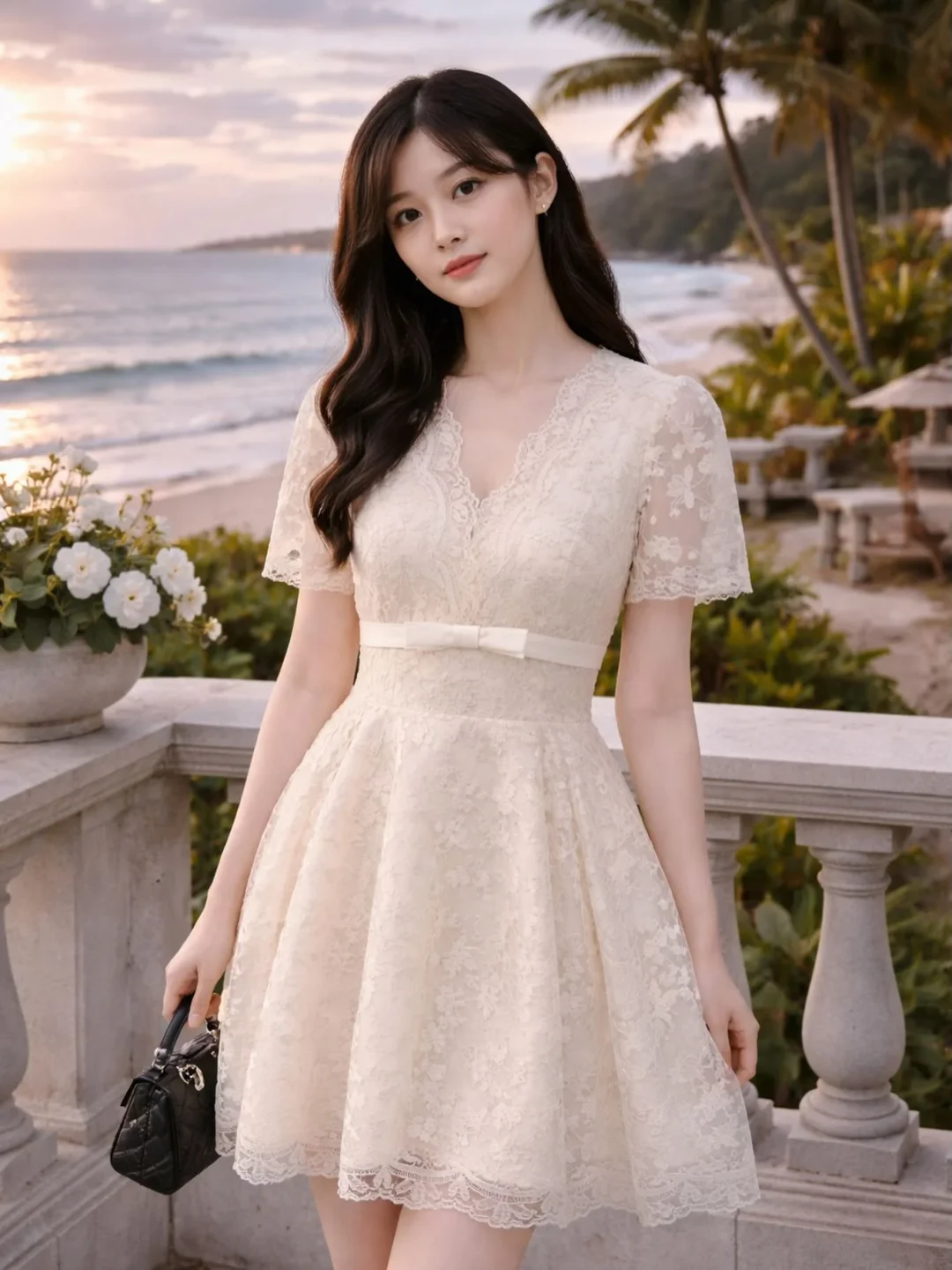 Photo 1 of Váy ren nữ ngắn màu kem cổ V