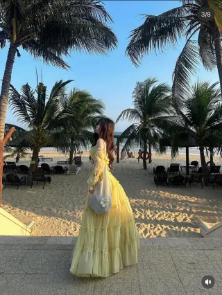 Photo 2 of Váy maxi voan vàng nhạt boho nữ