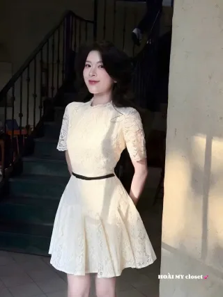 Photo 1 of Đầm ren kem tay ngắn nữ HM
