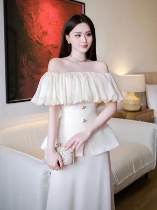 Photo 1 of Đầm trễ vai lụa kem bèo nhún nữ