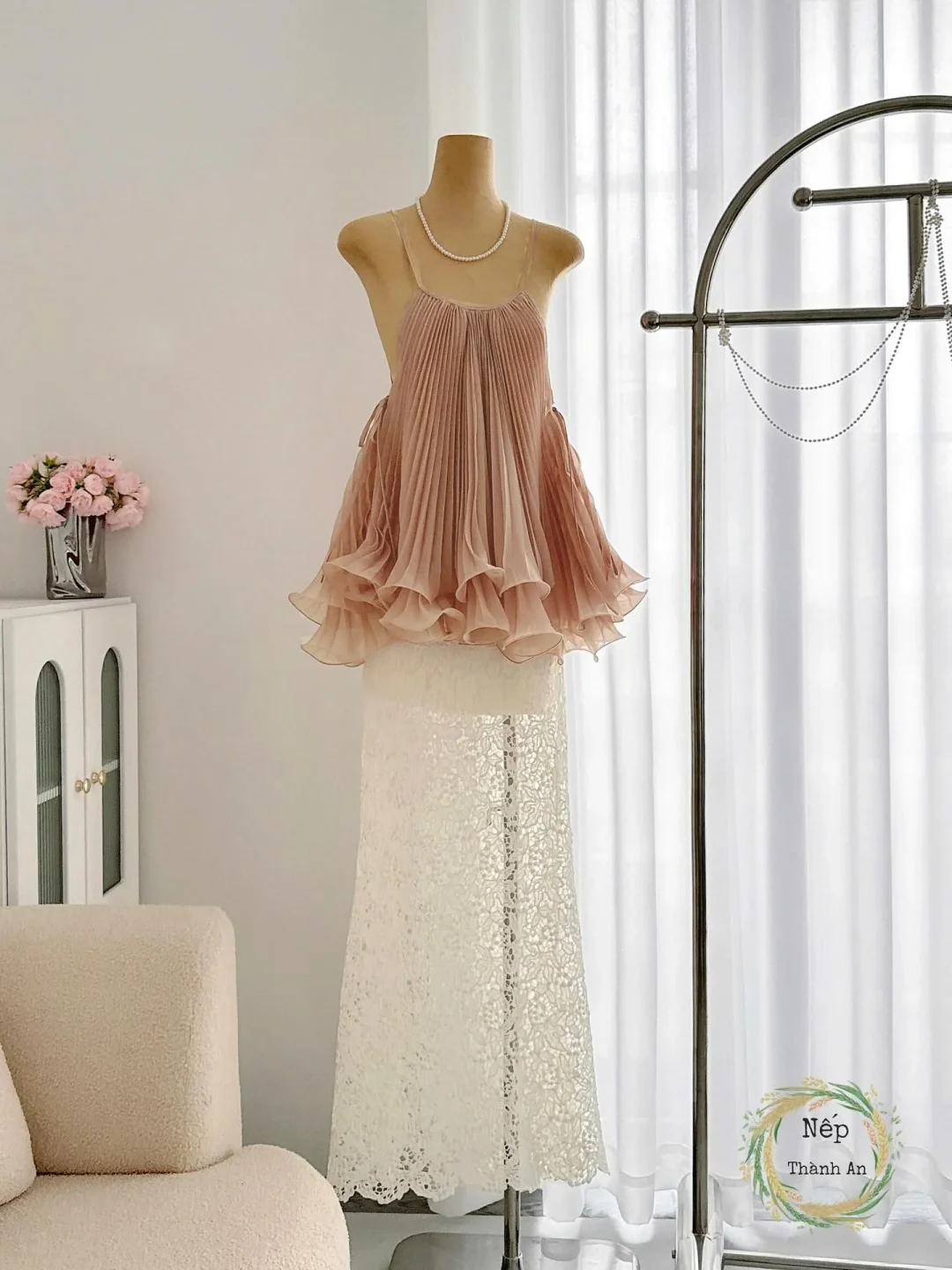 Ảnh 1 của Set váy voan ren hồng nhạt nữ dự tiệc