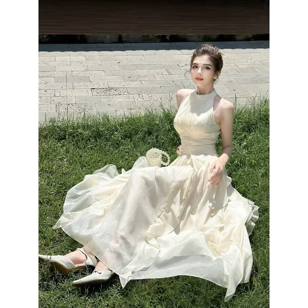 Ảnh 2 của Váy maxi voan bèo vàng nhạt vintage nữ