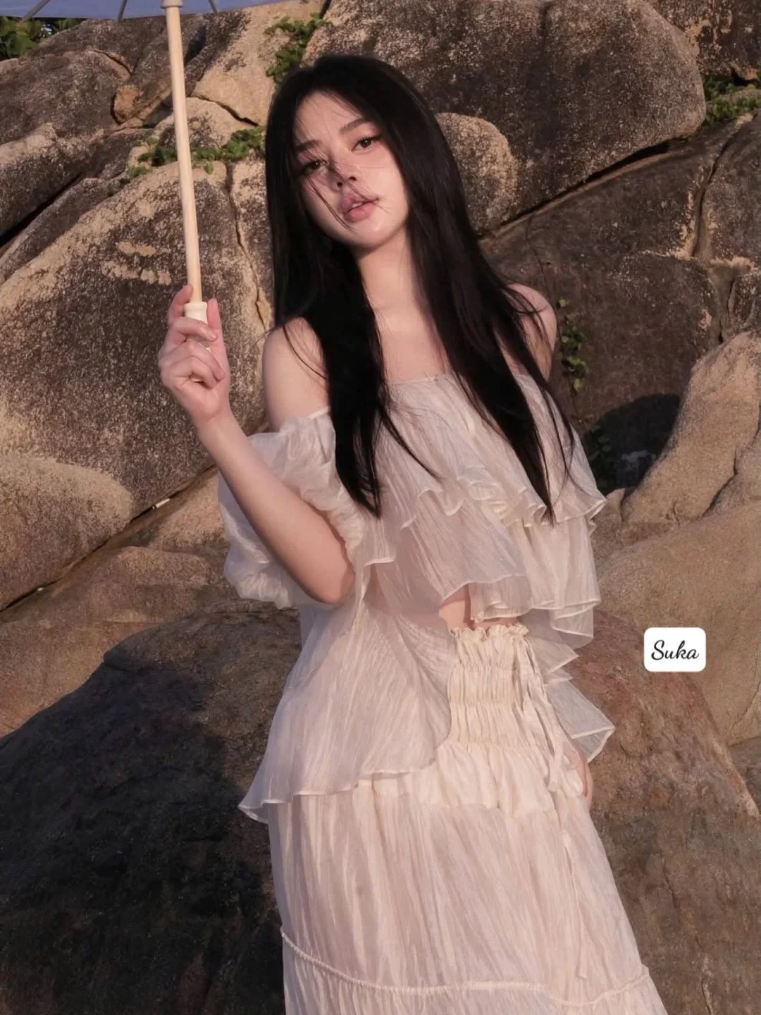 Photo 1 of Set áo váy voan bèo nhún trắng kem nữ size M
