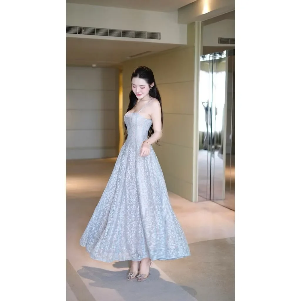 Ảnh 1 của Váy maxi ren hoa xanh nhạt nữ tính