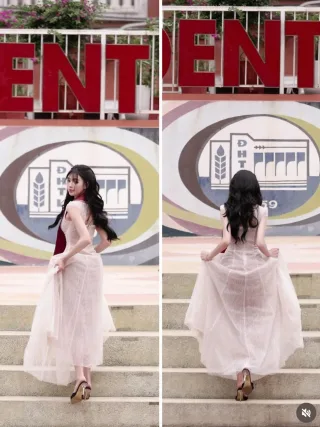 Photo 2 of Đầm Maxi Tulle Hồng Sò Vintage